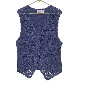 Denim Republic Crochet Vest Blue Sleeveless Cottagecore Knit Boho L Granny Twee
